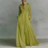 French Elegant High Waist Swing Long Dress Woman Spring Solid Pockets Pleated Maxi Dress Autumn Long Sleeve Button Evening Dress - Image 3