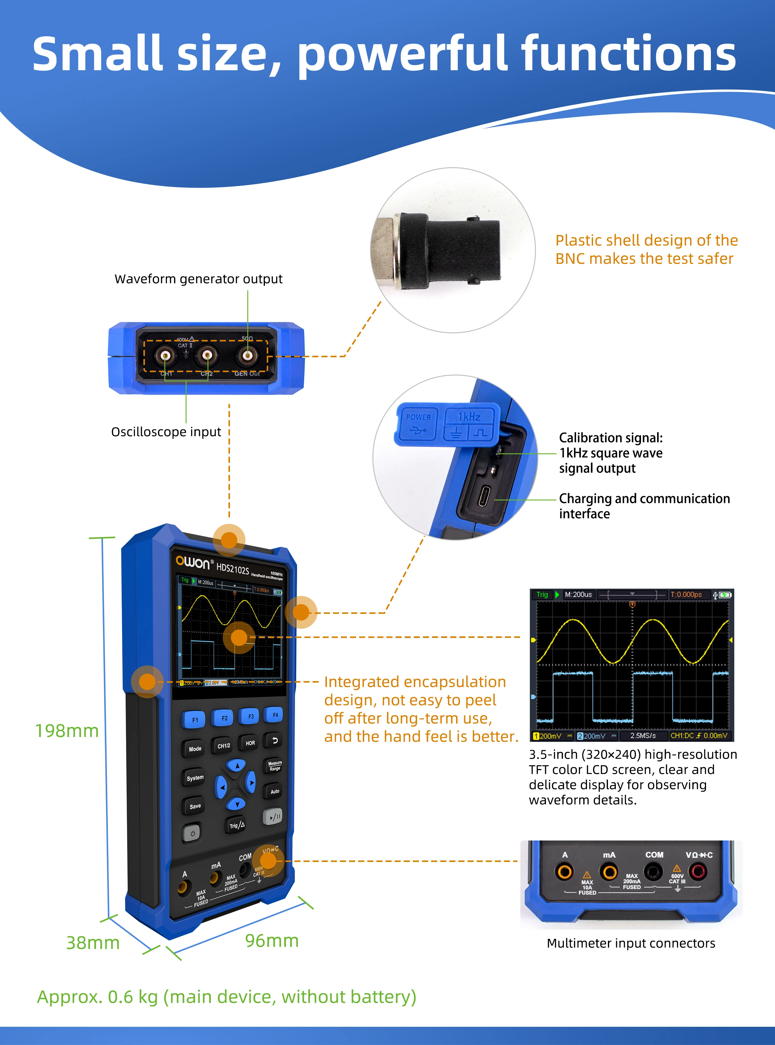 HDS242S HDS272S HDS2102S HDS2202S Handheld Digital Oscilloscope 200MHz 1GSa/s 2C