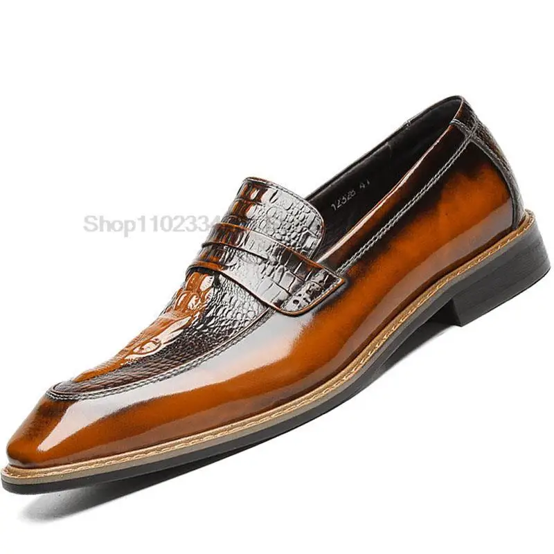 

Crocodile Print Mens Loafers Genuine Calf Leather Black Brown Men Dress Shoes Designer Handmade Slip On Male Wedding Oxford Shoe