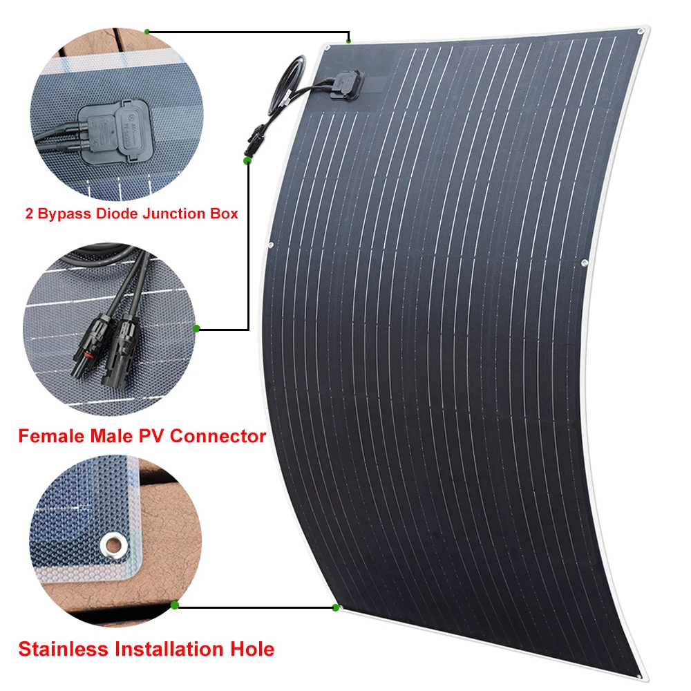 placa solar 200w 150w 100w 80w 50w painel solar flexível ETFE PET alta eficiência 12v carregador de bateria campista carro casa telhado DHL freeshipping