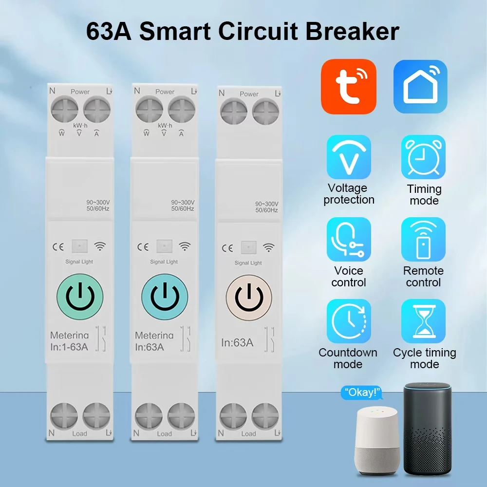 สวิตช์อัจฉริยะ Tuya WiFi รุ่น Smart Breaker 1-63A พร้อมมิเตอร์วัดพลังงาน kWh ตั้งเวลาควบคุมผ่าน Alexa และ Smartlife 1