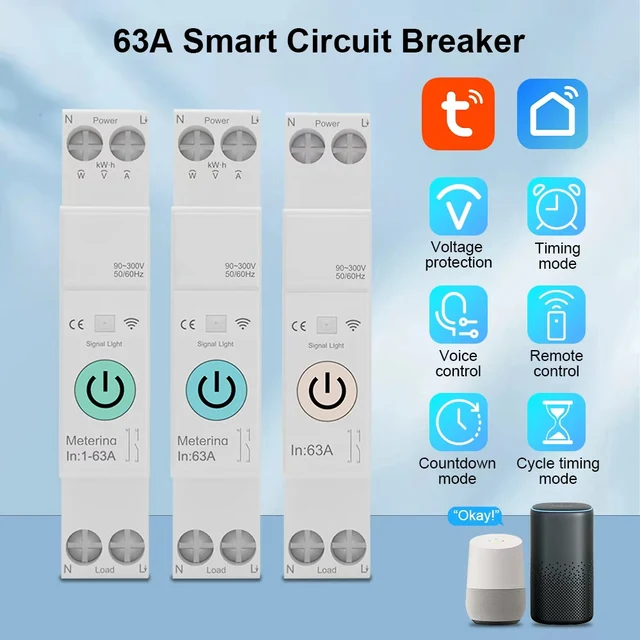 สวิตช์อัจฉริยะ Tuya WiFi รุ่น Smart Breaker 1-63A พร้อมมิเตอร์วัดพลังงาน kWh ตั้งเวลาควบคุมผ่าน Alexa และ Smartlife 1