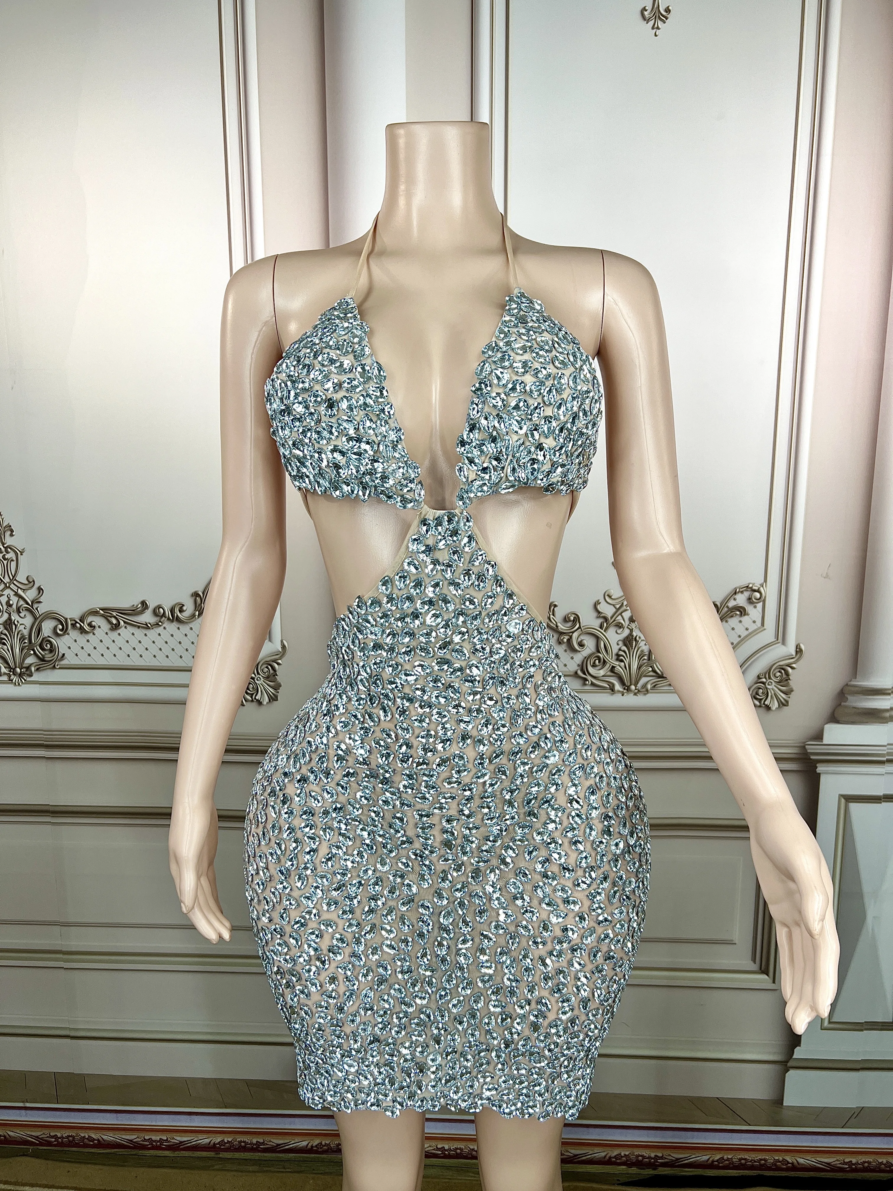 

Full Silver Big Rhinestones Bright Bra MINI Dress Birthday Celebrate Sexy Performance Outfit Female Singer Stage Wear Plus Size