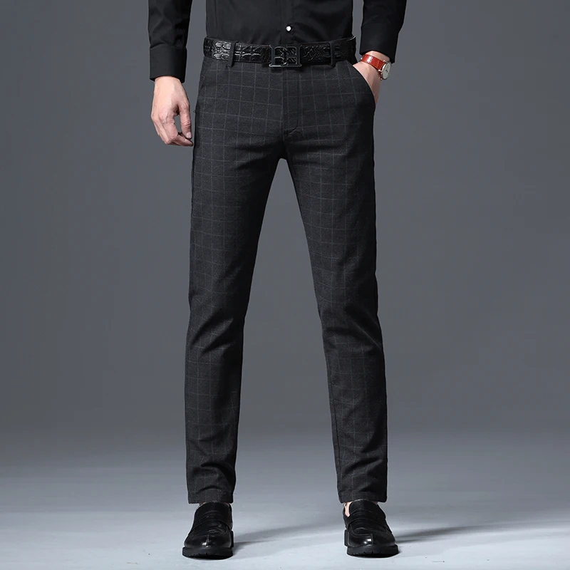 Casual Pants Autumn New Men's Slim Plaid Casual Pants Fashion Soft Stretch Business Work Trousers Gentleman Brand Clothes Black Blue