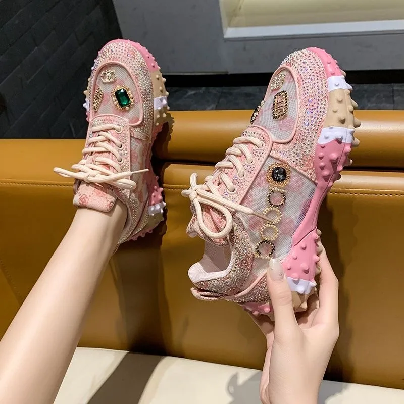 New Women Summer Autumn Sneakers with full Rhinestone Fashion 35-40 Platform Sport Shoes Sapatillas de mujer Tenis White 6982