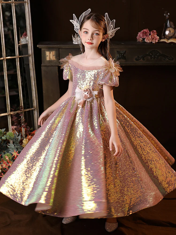 Charming Flowers Girls Dresses Sweet Children Sequin Pleat Square Collar  Gold Shiny Ball Gowns Kids Toddler Baby Girls Baptism Christening 1st  Birthday Party Dress From Weddingshop888, $109.74 | DHgate.Com