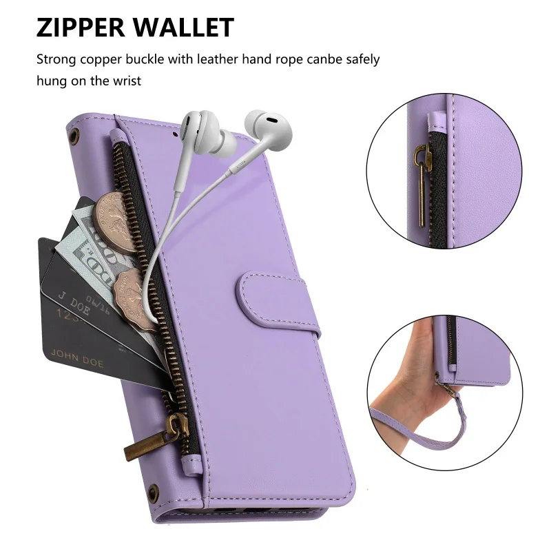 Luxurious Zipper Leather Wallet Phone Case with Wrist Strap and Card Slots