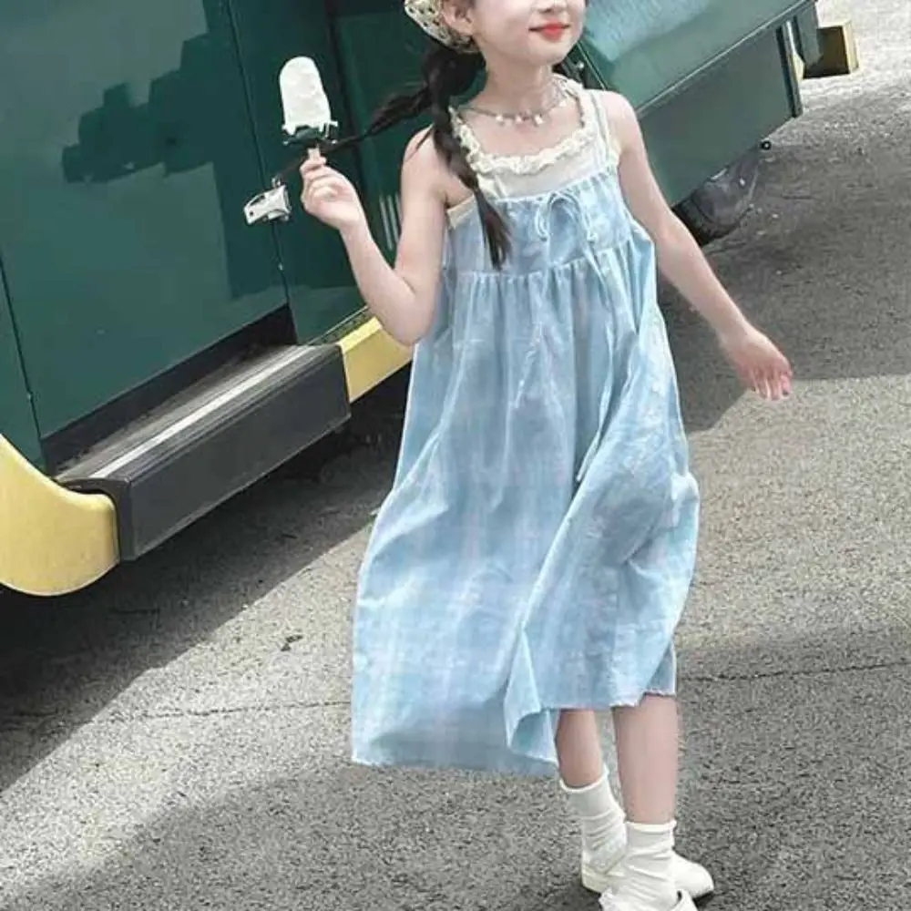 Fashion Loose Girls Princess Grid Dress Party Beach Vacation Summer Kids Dresses Teenagers Sweet Children Sling Dress Summer