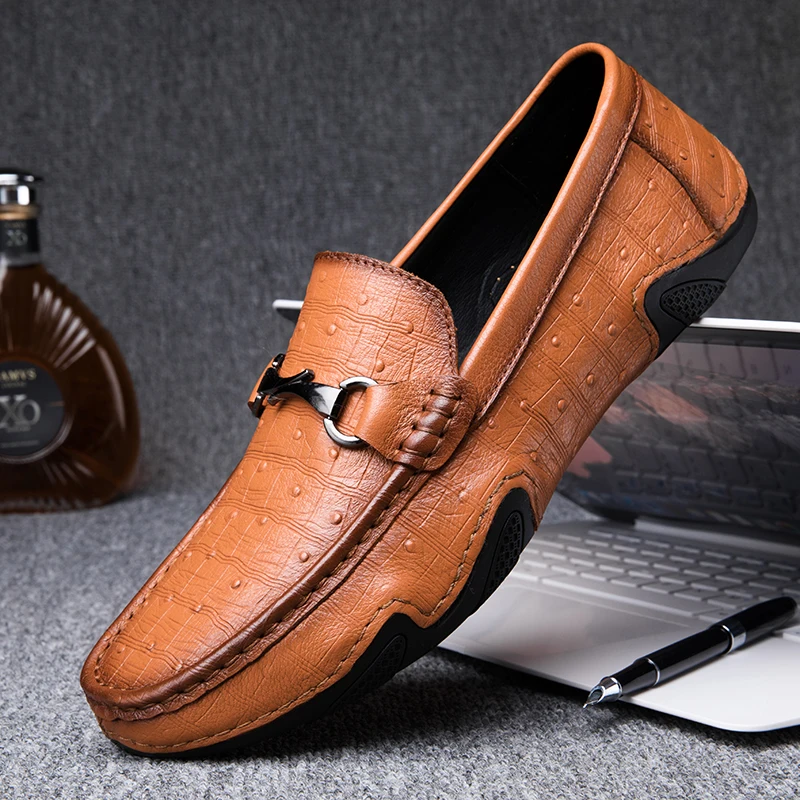 Brown Genuine Leather Loafers Mens Slip-On Fashion Casual Shoes Octopus Shape Soft Bottom Non-Slip Driving Shoes Mens Shoes