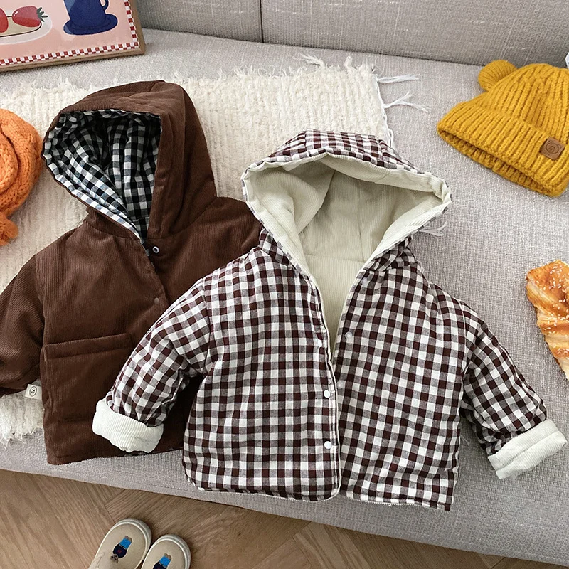 

Winter Corduroy Cotton Plaid Jacket Wear Both Sides for Baby Boys Kids Clothing Toddler Girls Casual Solid Color Coat Outerwear