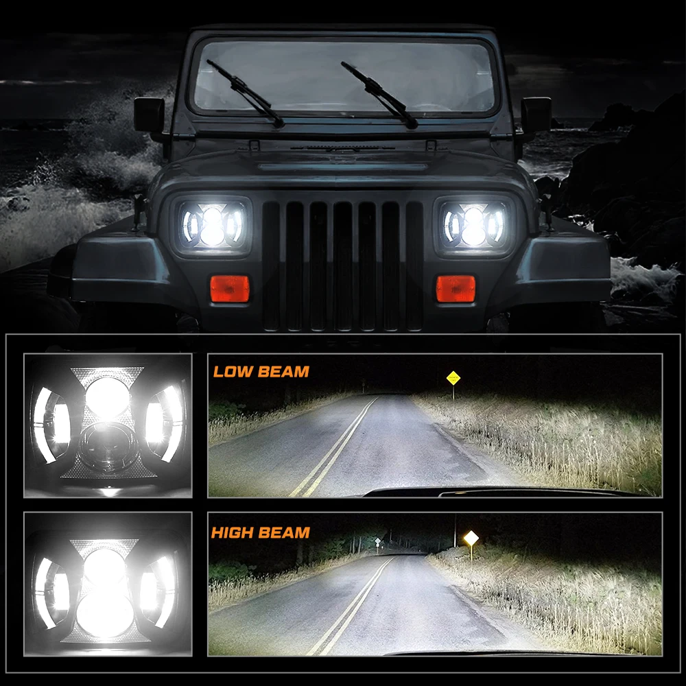 Newst 7X6 5X7 LED Headlight White DRL Daytimr Running Light For Jeep Wrangler YJ
