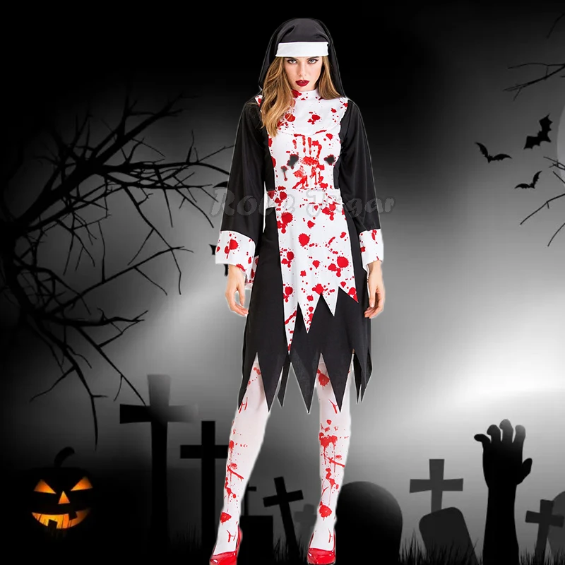 Vestido cosplay freira Halloween feminino fantasia terror disfarce