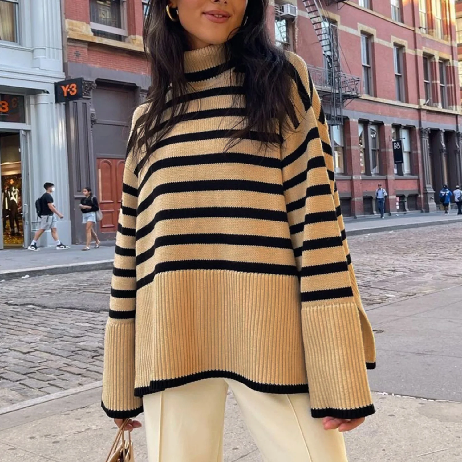 Fashion Striped Turtleneck Sweaters Women Long Sleeve Oversized Knitted  Pullovers Autumn Winter Elegant Casual Jumpers 2023 - AliExpress