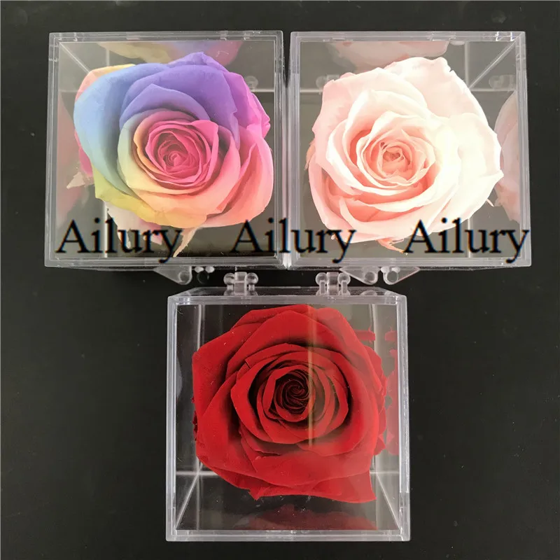 Small Colorful Red Artifical Preserved Rose Transparent Square Acrylic Flower Box 5Cm Cute Wedding Gift Valentine's Day Present ornament crafts miniature figurines resin ornaments miniature ornament craft supplies resin crafts artificial flower toys