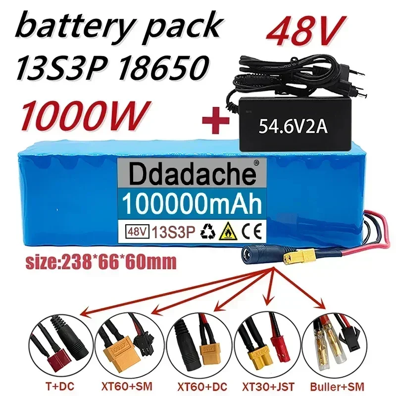 

48V100000mAh 1000w 13S3P 48V Lithium-ion Battery Pack Suitable for 54.6V Electric Bicycles Scooters, and 54.6V Chargers with BMS