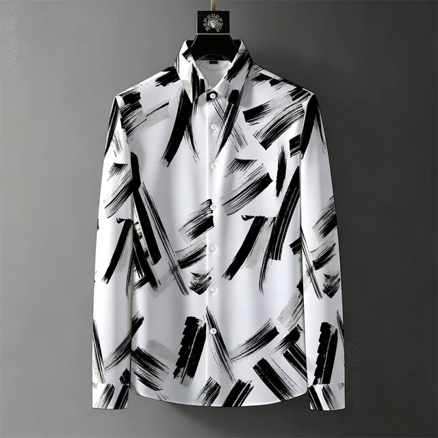 Nouvelle chemise homme 2026 à manches longues, motif peinture à l'encre et graffiti, infroissable, décontractée, polyvalente, pour le bureau et les trajets quotidiens 1