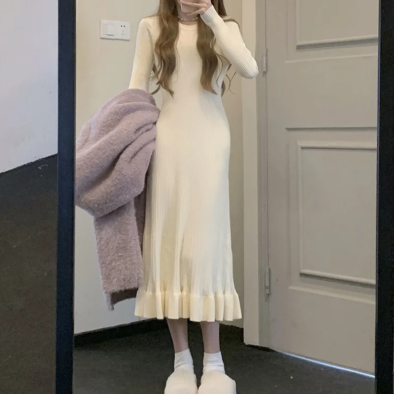 

Korean Thicken Warm Knitted Dress Women Autumn Winter Solid Color Long Sweater Dress Female All Match A-Line Dresses Vestidos