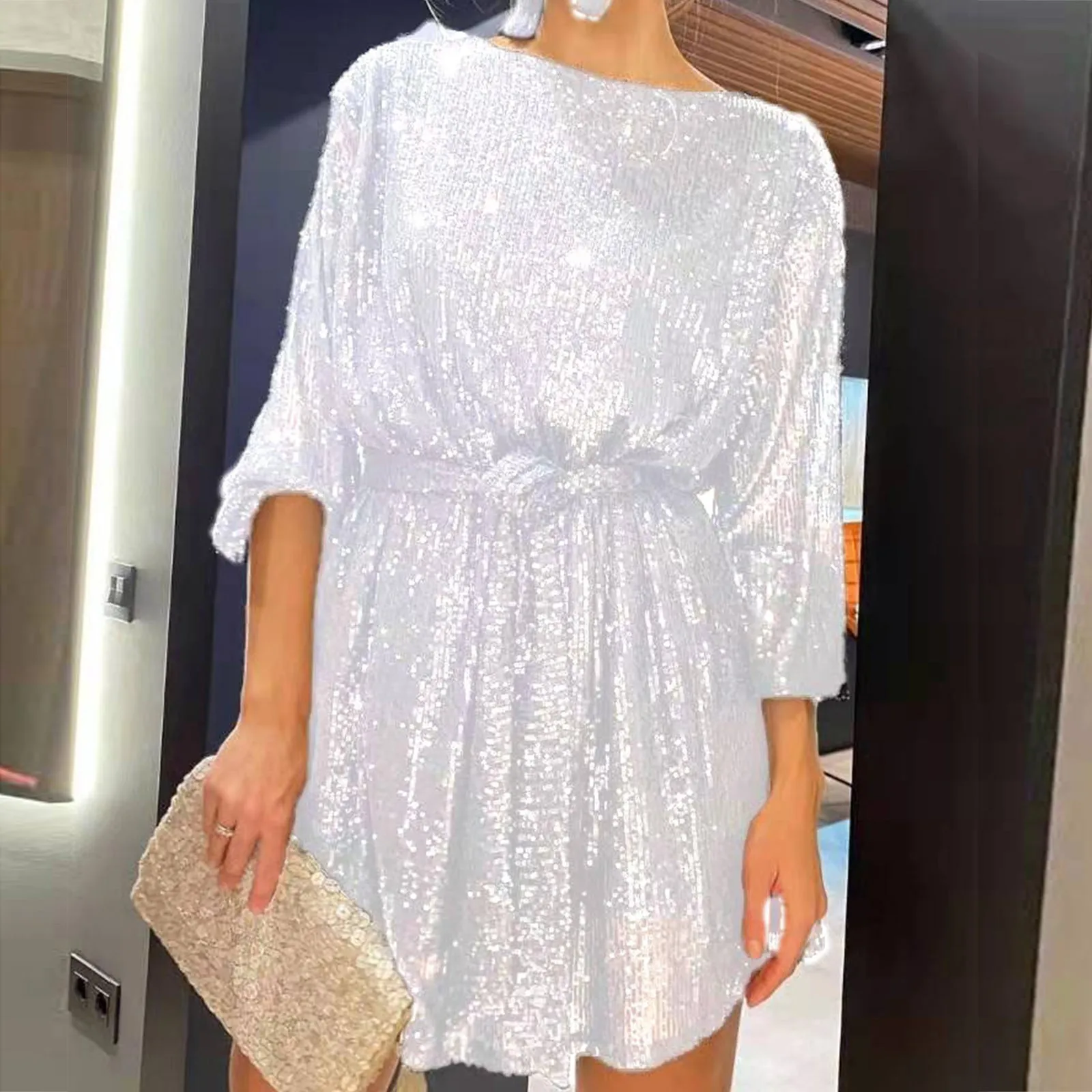 

Women's Holiday Party Sequin Beaded Lace Up Long Sleeved Dress Embroide Sleeve Dress for Women Dress for Baptism for Women