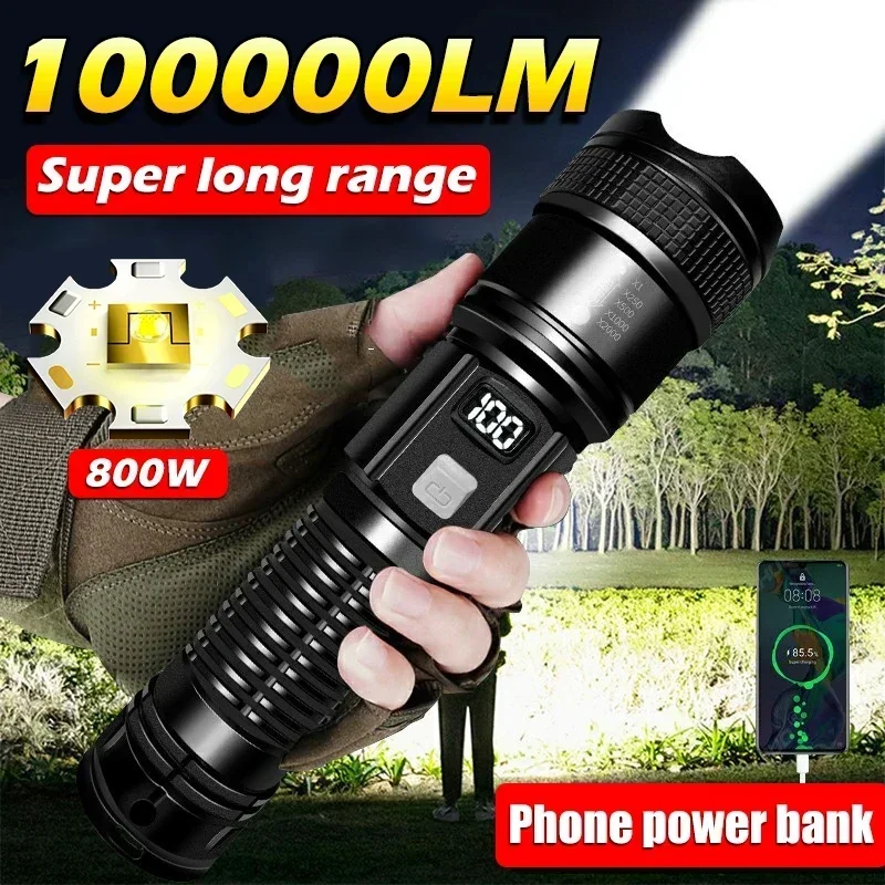 Torcia LED 10000 Lumen Ad Alta Potenza - Ricaricabile USB, Zoomabile, 6 Modalità (Alta/Media/Bassa/Strobe/SOS) - Impermeabile Per Campeggio, Pesca Ed Emergenze
