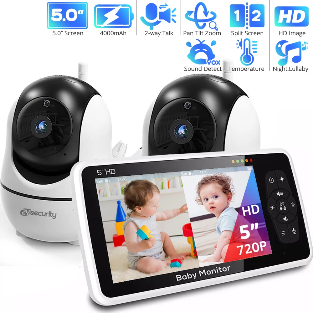 Baby Monitor, Video Baby Monitor with 5 Screen, 720P HD Pan-Tilt Zoom  Camera, 2-Way Talk