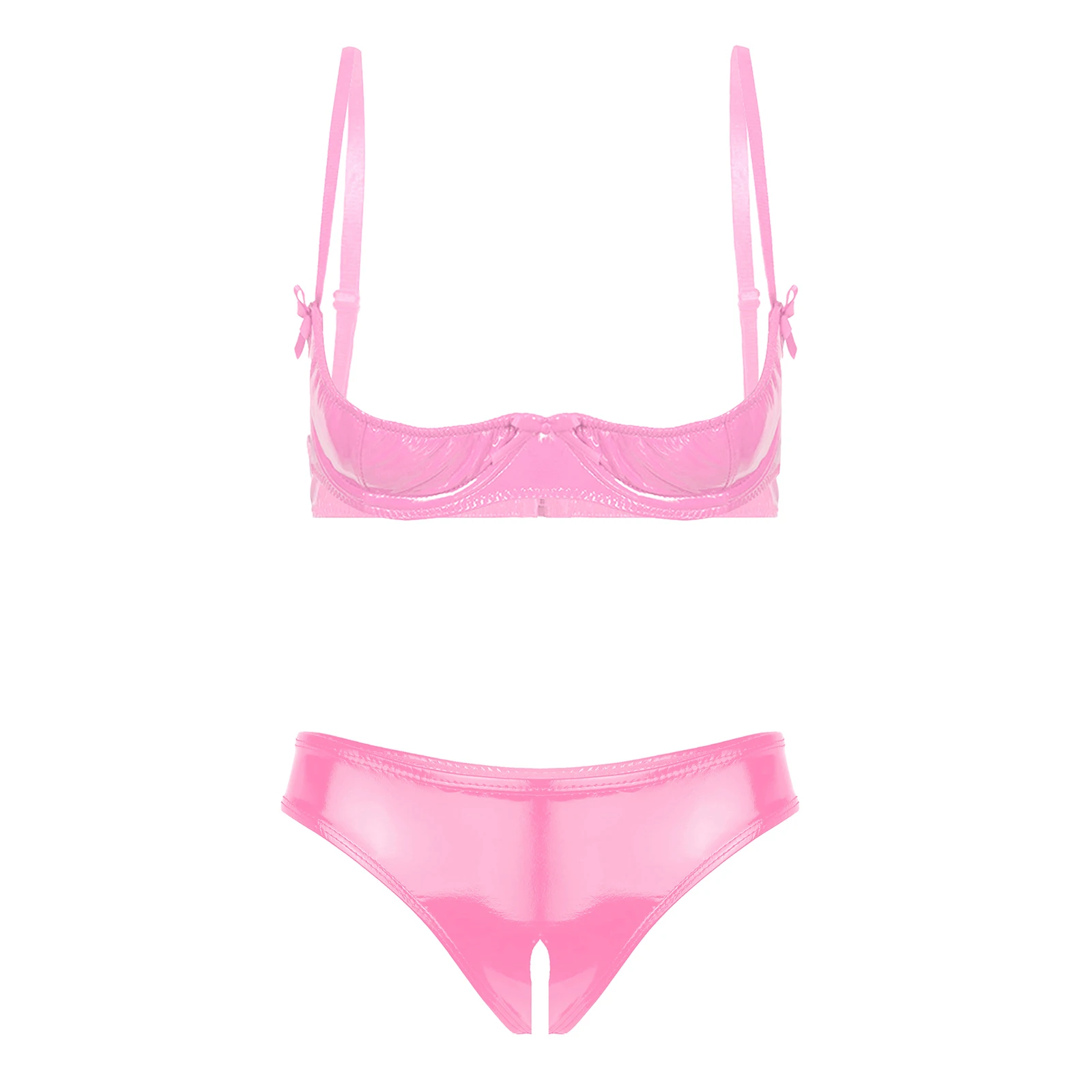 thumbnail image 1 of Conjunto de lencería para mujer, ropa interior de charol brillante sin entrepierna, correas ajustables, sujetador con aros y bragas con entrepierna abierta, 1 of 5