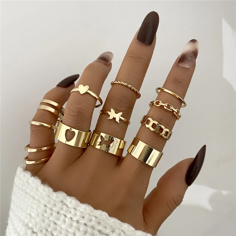 Boho Gold Color 22pcs Heart Rings Set For Women Vintage Geometric Cross Pearl Butterfly Finger Ring Women's Trendy Jewelry