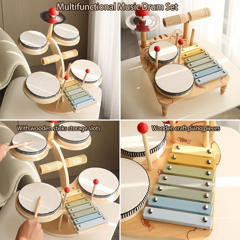 Wooden Baby Drum Set Musical Instrument Percussion Toys 8-tone Xylophone Piano Parish Learning Preschool Rhythm Educational Toy 4