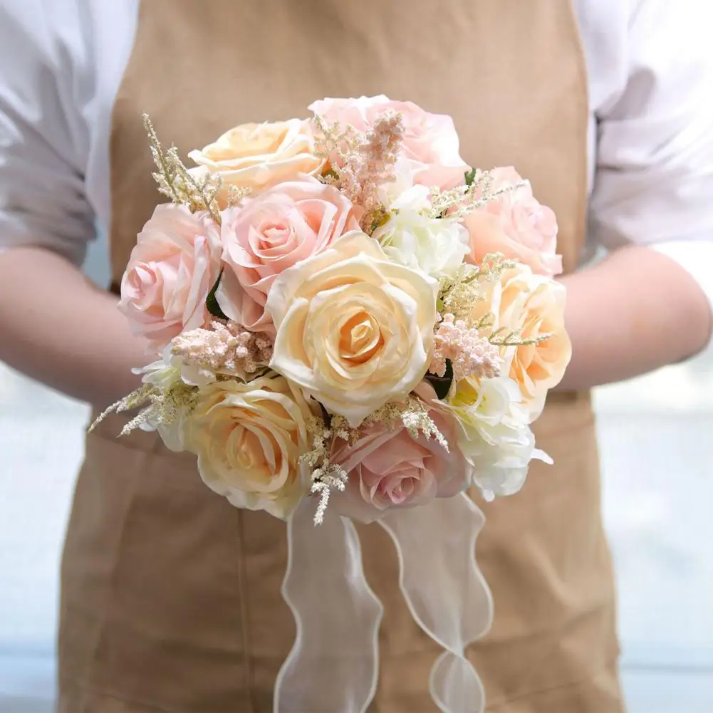 

Easy Care Artificial Rose Long-lasting Artificial Rose Realistic Reusable Wedding Artificial Rose Bouquet with Ribbon Bowknot