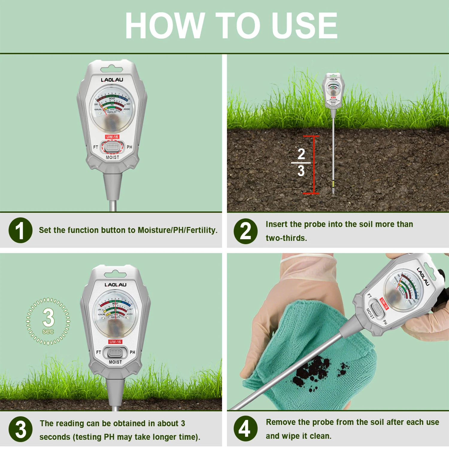 Soil Moisture Meter PH Meter Sensor Fertility Test Tool For Indoor/Outdoor Gardening Plant Moisture/Fertility/PH 3 in 1Testing