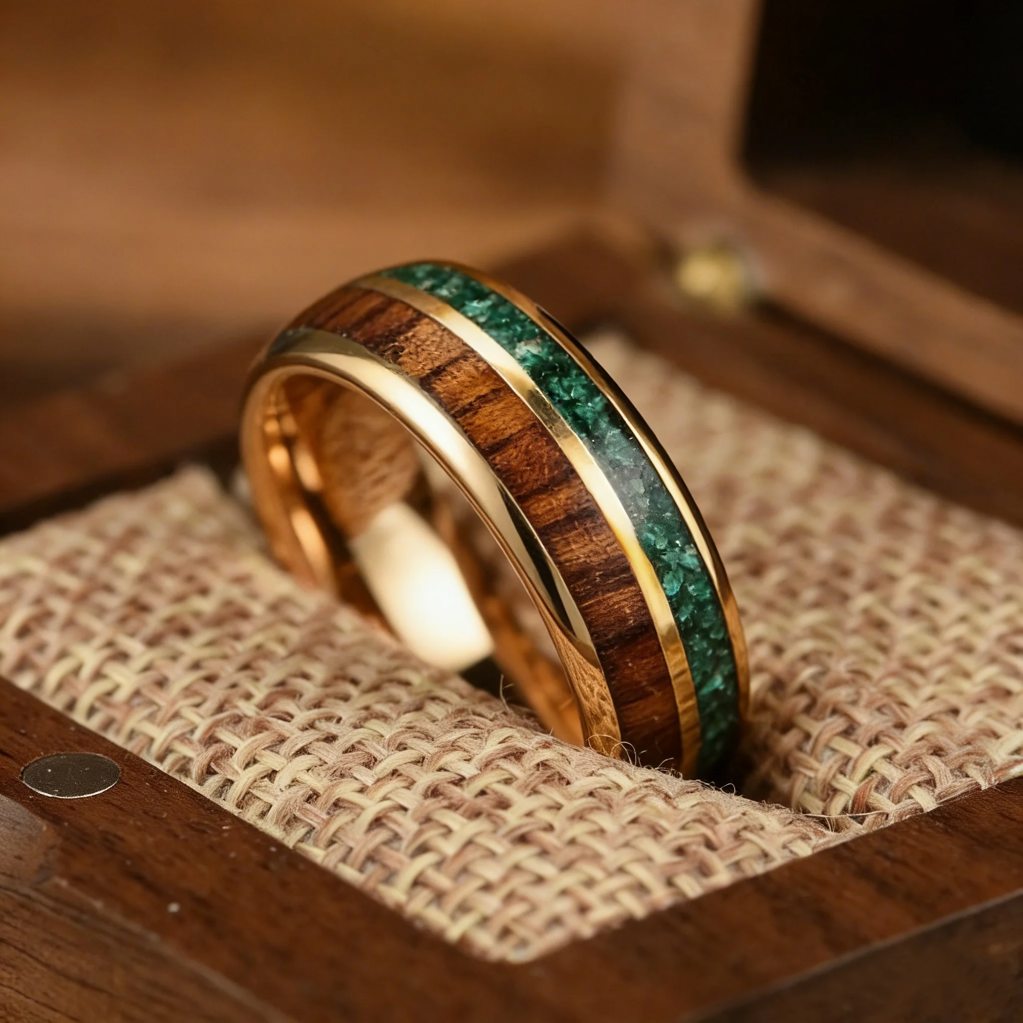 With Malachite and Koa Wood Inlay Fashion 8mm Golden Men Stainless Steel Rings for Men Wedding Band Jewelry Gift Drop Shipping 5
