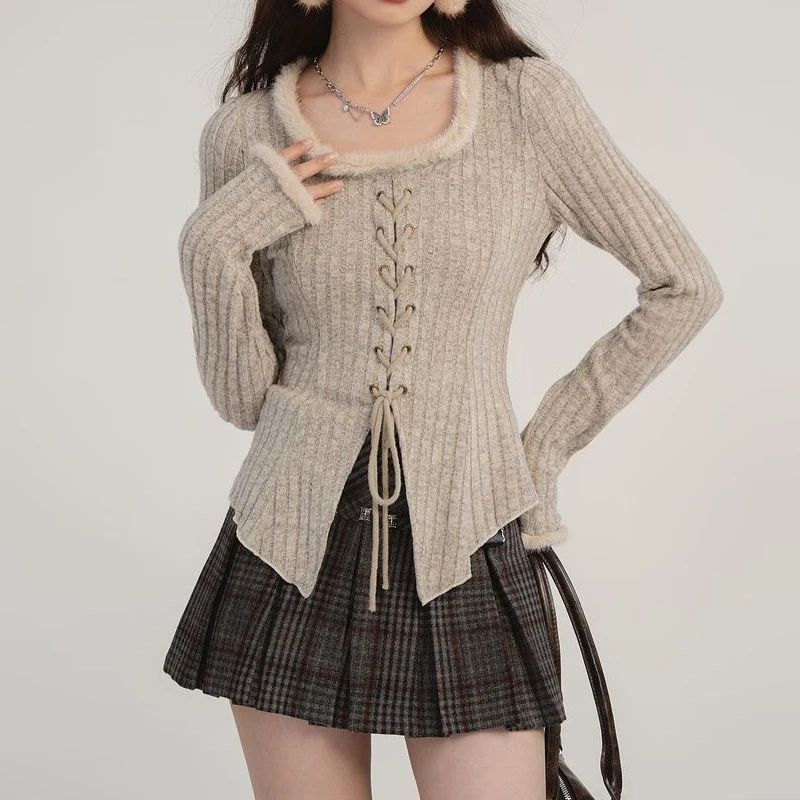 Bandage Drawstring Knitted Cardigan Women Autumn Winter Vintage Split Cardigans Korean Fashion Y2k Sweaters Bottoming Shirt Top_voghion.com