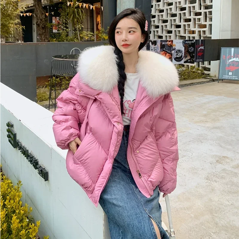 Short White Duck Down Jacket Women 2023 Fashion Fox Fur Collar Winter Coats Fresh Sweet Clothes Raglan Sleeves Thick Tops Coffee fungus edge down jacket for women 2023 winter white duck coats stand collar floral design short clothing warm thick tops parkas