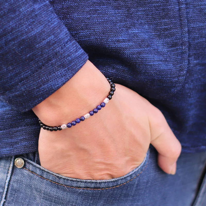 Hematite Stone Mens Beaded Skull Bracelet