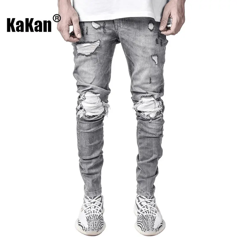 Kakan - Black Men's Slim Jeans with Holes In The Locomotive, New Skinny Jeans K016-2013 Popular In Europe and America