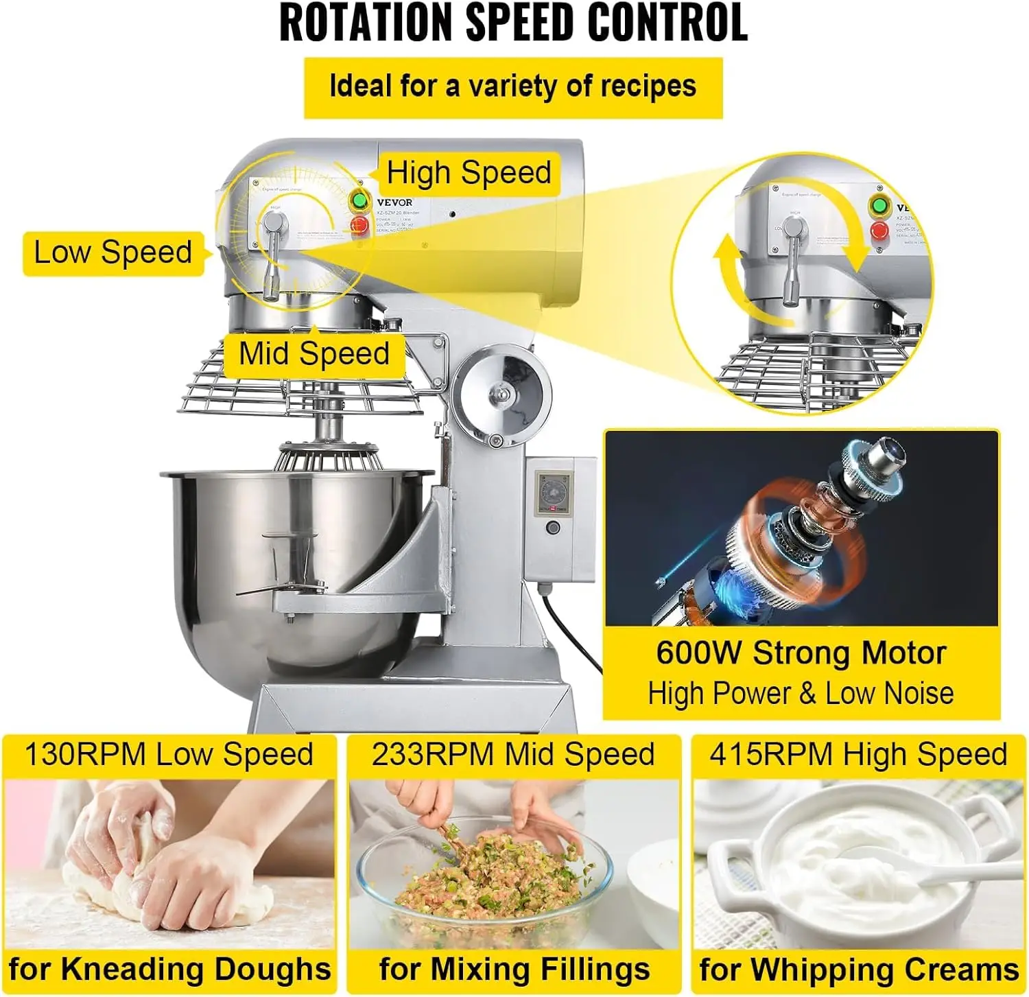 15Qt Commercial Food Mixer with Timing Function， Commercial Mixer 500W Stainless Steel Bowl Heavy Duty Electric Food Mi 4