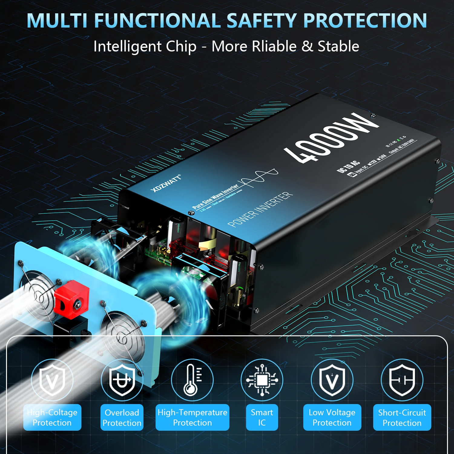 U.K Plug Pure Sine Wave Power Inverter 4000W 8000W(Peak) DC 12V To AC 240V LCD Display Remote Control Solar Car RV Boat Inverter