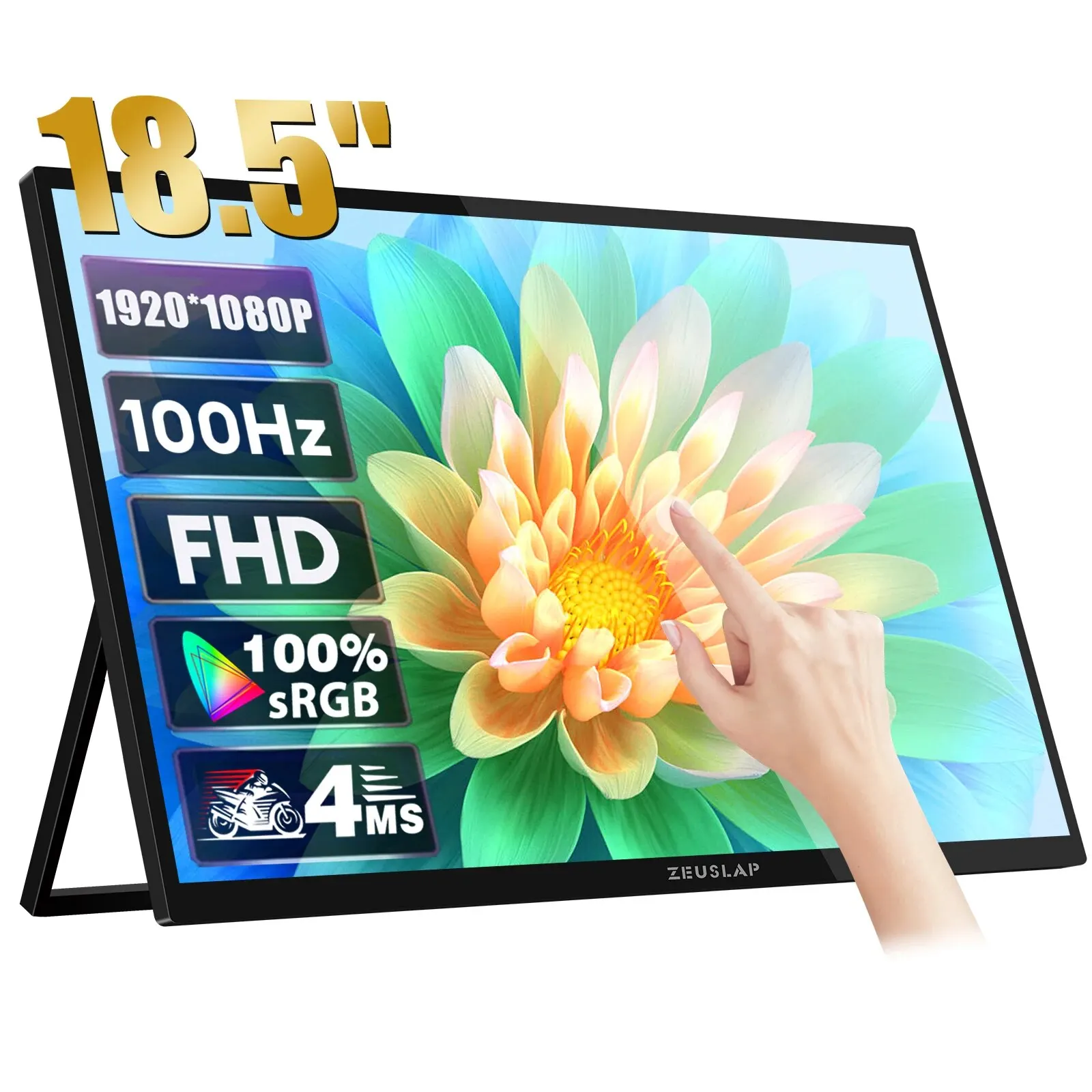 ZEUSLAP 18.5 인치 터치 스크린 휴대용 LCD 모니터, PC 휴대폰 노트북 PS4 PS5 스위치용 스크린 거치대 스탠드 포함, 100Hz 100% SRGB