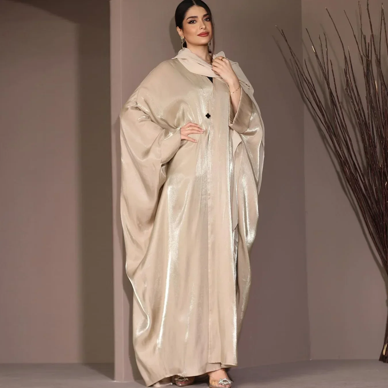 Bright Silk Satin Batwing Sleeve Cardigan Robe Modest Muslim Dubai Plus Size Kimono Open Abaya Dress Corban Eid Woman Dress