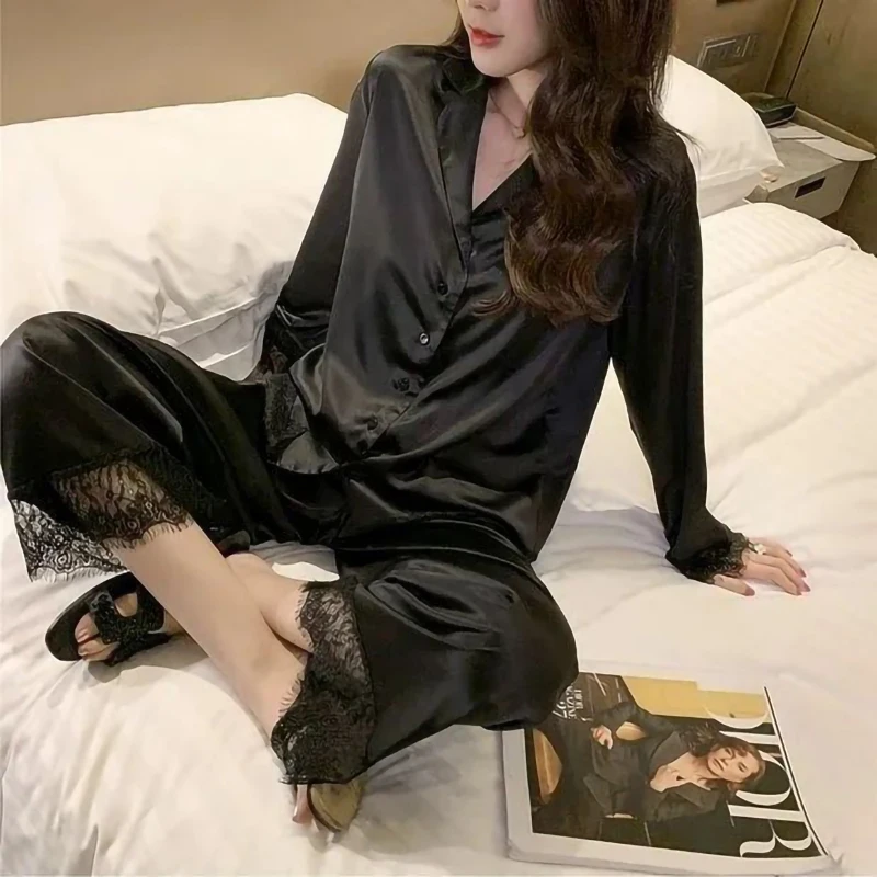 Pigiama donna camicia da notte in seta primavera autunno pantaloni a maniche lunghe indumenti da notte in pizzo sexy scollo a V allentato casual semplice sottile Pama_voghion.com