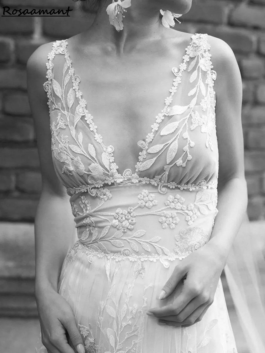 

Elegant Illusion V-Neck Ribbons A-Line Wedding Dresses Sleeveless Floral Appliques Lace Bridal Gowns Robe De Mariée