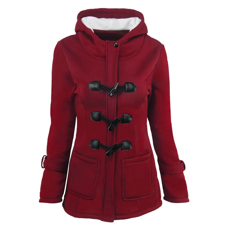 

Women's Best-selling Horn Button Coat in Autumn and Winter Women Padded Hooded Blended Jacket Cotton-padded Women