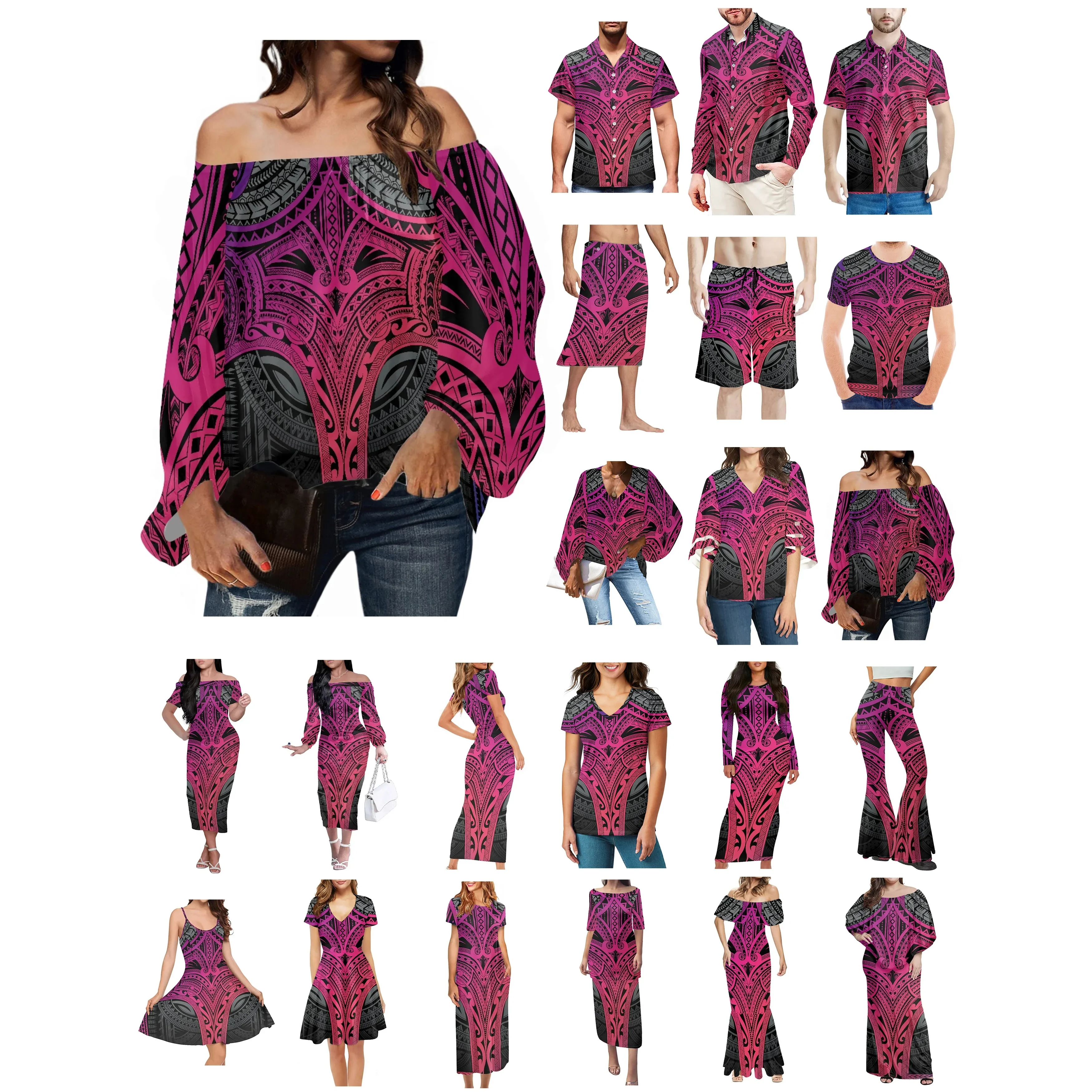 Polynesian Tonga Hawaii Fiji Guam Samoa Pohnpei Tribal Tattoo Prints Clothes Women Dress Matching Men Shirt Pink Lovers Clothes