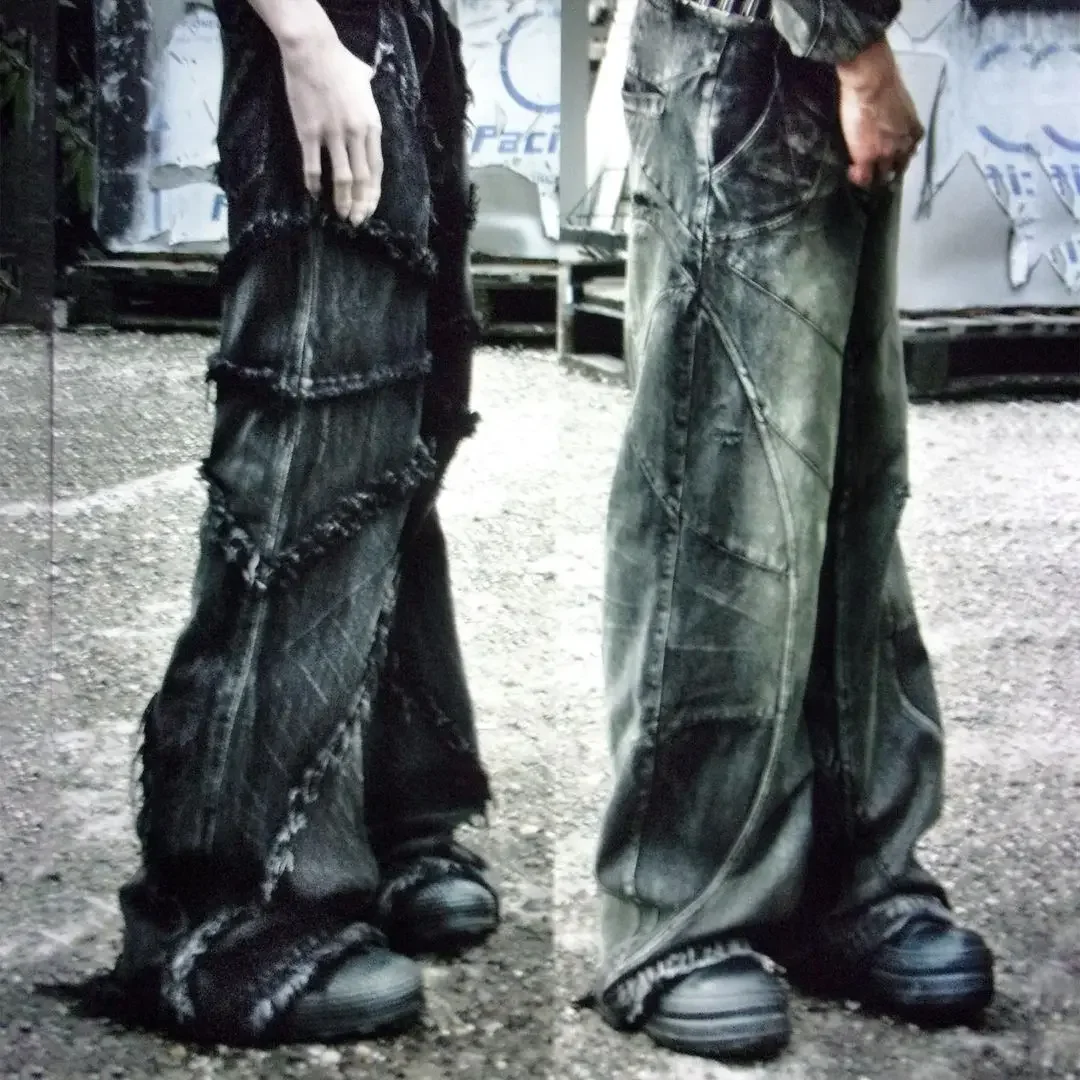 

Y2K Tassel Jeans Men's Black Gray Washed Jeans Gothic Style Street Trend Teen Clothes Retro Loose Wide Leg Pants