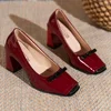 Women Heels Spring  Autumn Season Sweet Retro Colored Bow Tie Single Shoes Women Thick Middle Heel Square Headed Women's Shoes 1