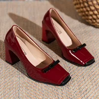 Women Heels Spring  Autumn Season Sweet Retro Colored Bow Tie Single Shoes Women Thick Middle Heel Square Headed Women's Shoes 1
