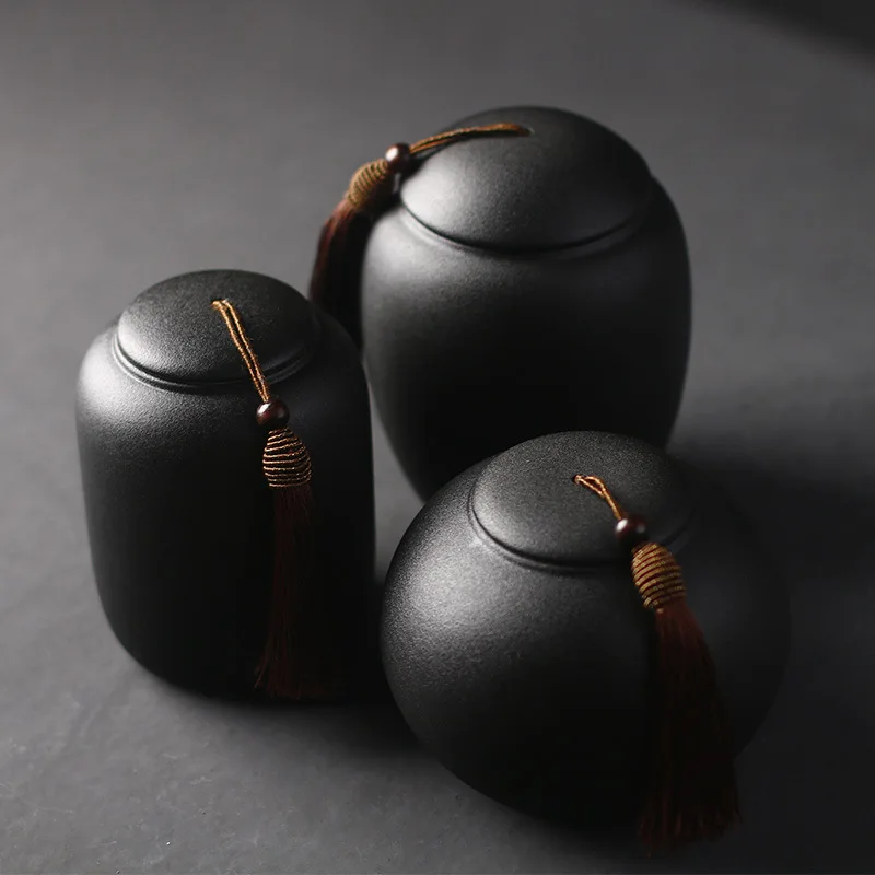Creative Black Frosted Ceramic Tea Jar Moisture-proof Sealed Storage Jar Vintage Art Decoration Jars Living Room Decoration Gift