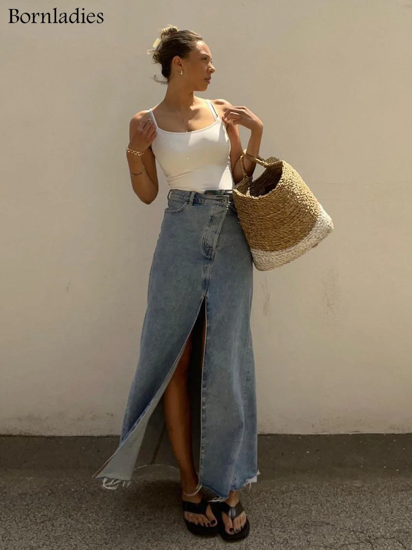 

Vintage Loose Chic Skirts For Women Elegant High Waist Office Lady Long Skirt Blue Denim Skirt Female Clothing