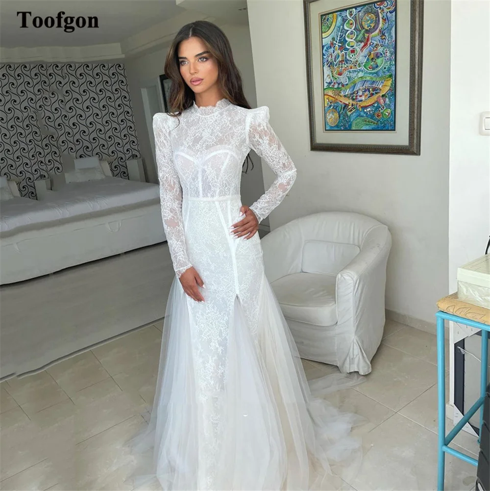 

Toofgon Israel Lace Mermaid Wedding Dresses High Neck Tulle Long Sleeves Arabic Women Bridal Gowns Bride Dress Robe de mariage