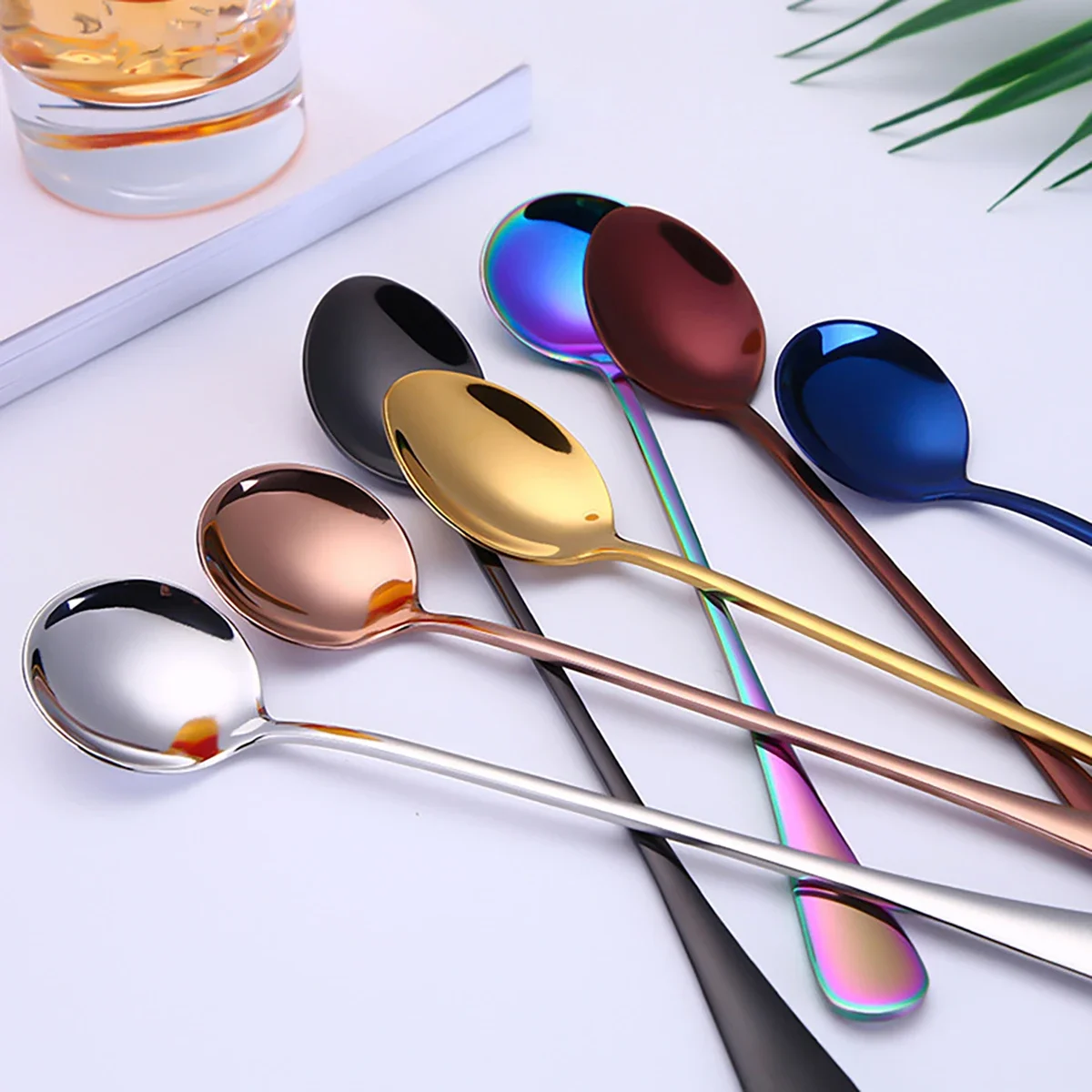 6pcs 크림 숟가락 304 스테인레스 스틸 숟가락 얼음 긴 손잡이 커피 숟가락 교반 숟가락 주방 용품