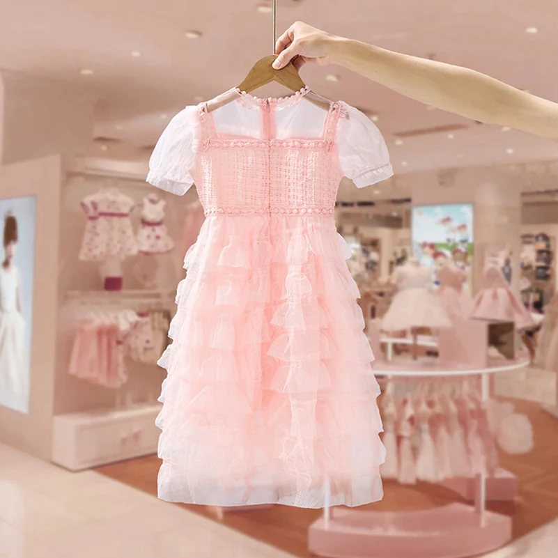 Girls Summer Children's Princess Dress Printed Lantern Sleeves Round Neck Lace Dress Cake Dress 3-9 Years Old